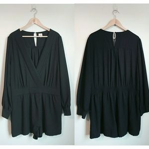 Black VNeck Long-Sleeve Shorts Romper with pockets